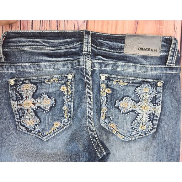Grace In LA Womens Western Skinny Jeans 27 -30x31 Embellished Cross Back Pocket - Picture 9 of 13